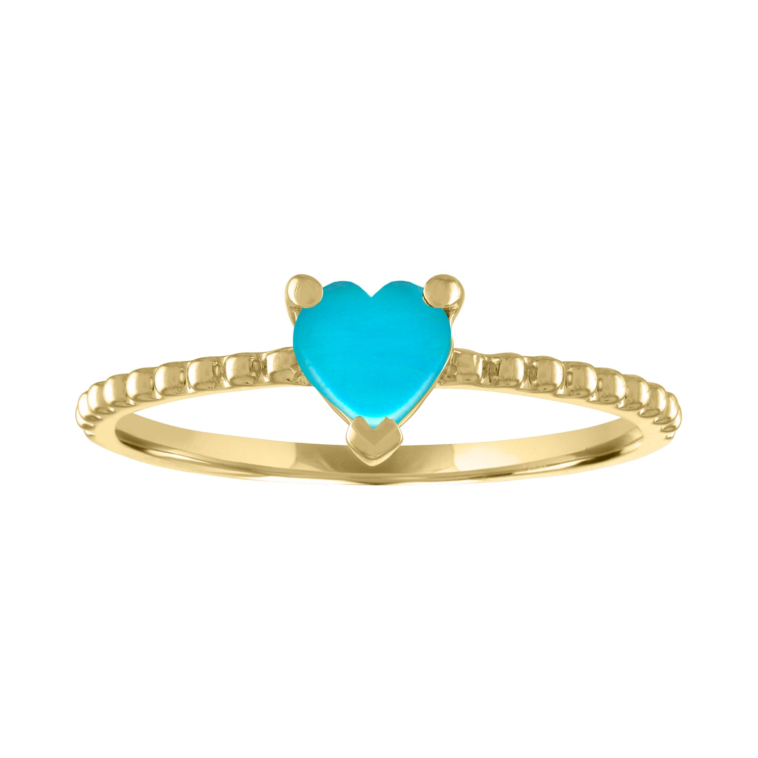 Yellow gold beaded skinny band with a heart shaped turquoise in the center. 