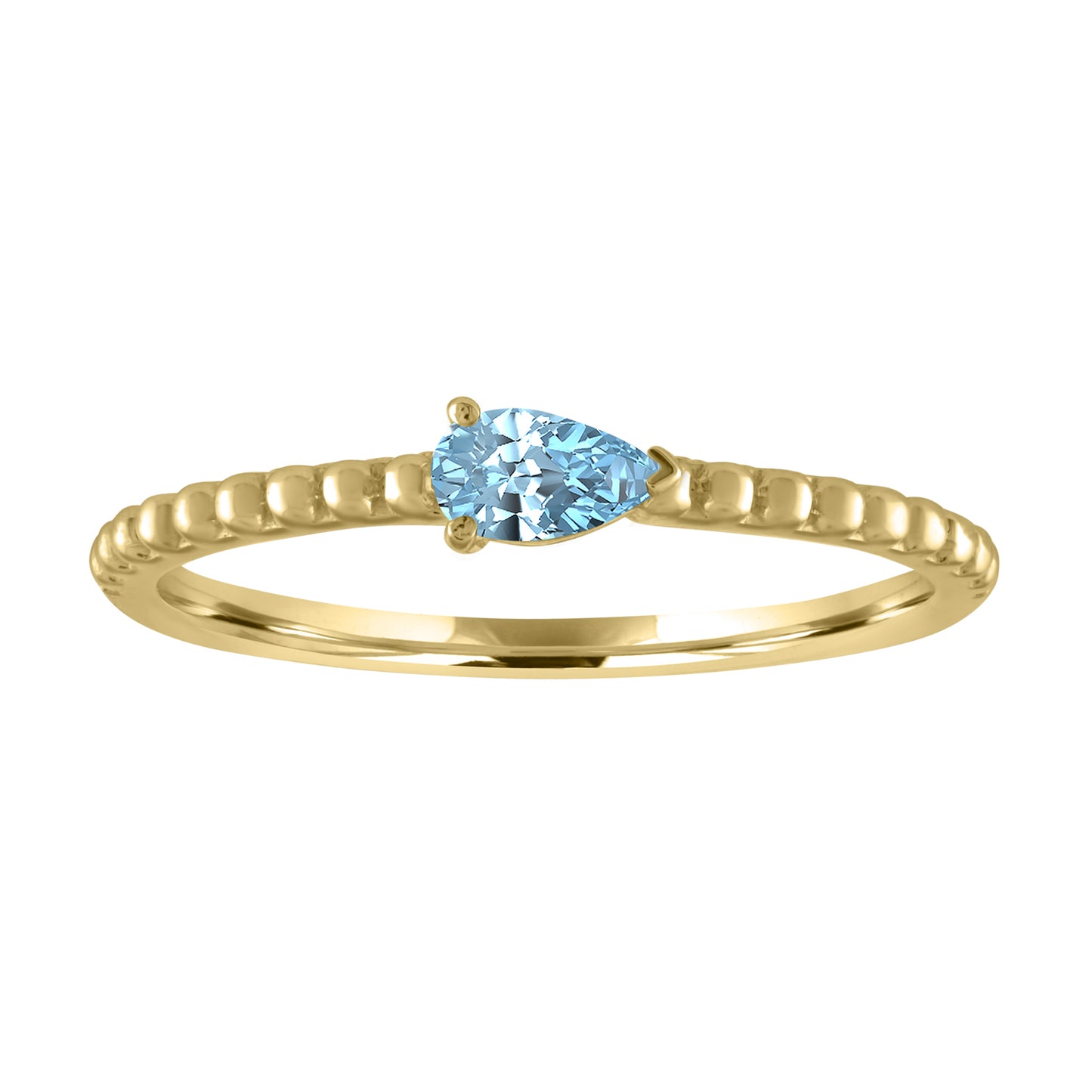 Yellow gold beaded skinny band with a pear shaped aquamarine in the center. 