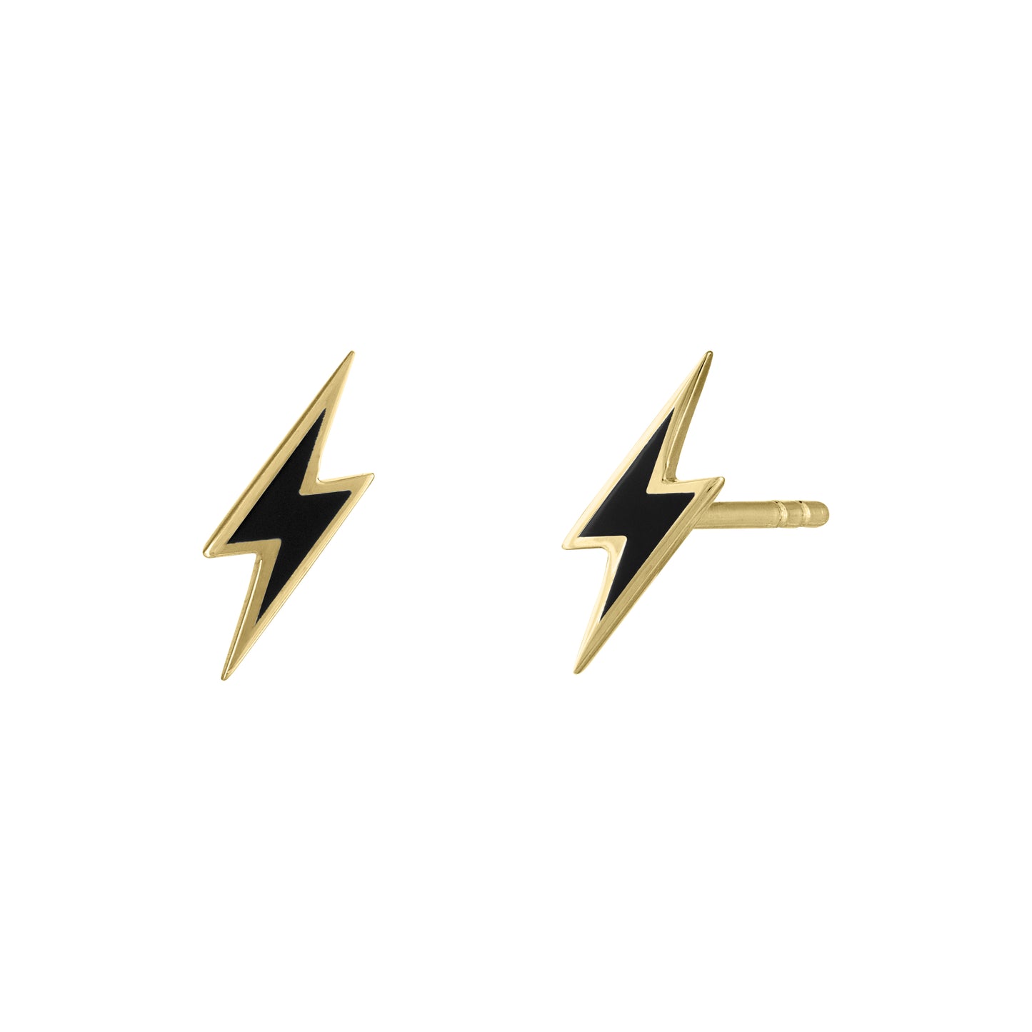 Yellow gold pair of lightning bolt earrings with black enamel.