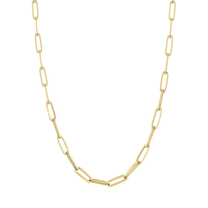 Yellow gold chubby paper clip chain. 