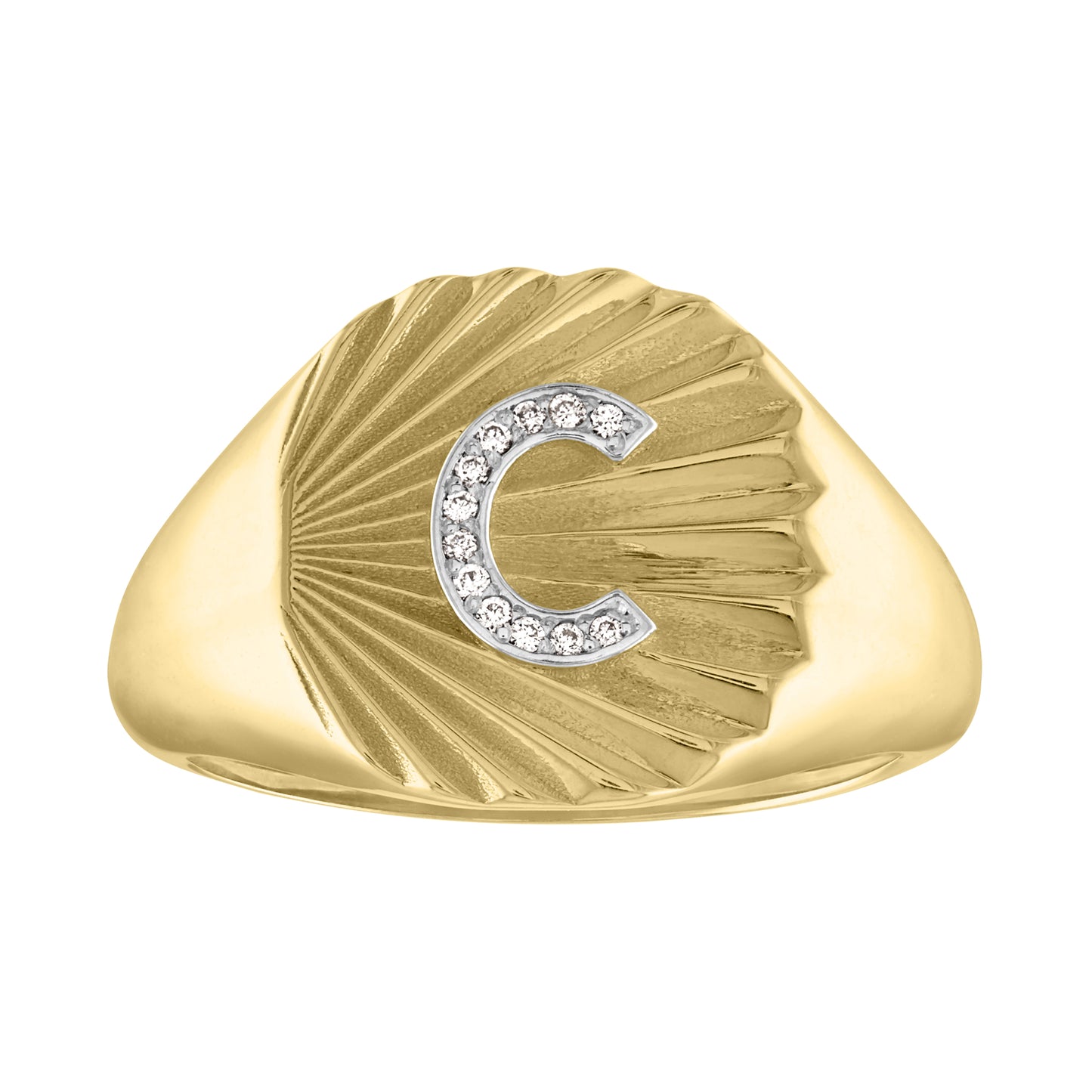 Yellow gold circle signet ring with fluting and a diamond initial in the center.