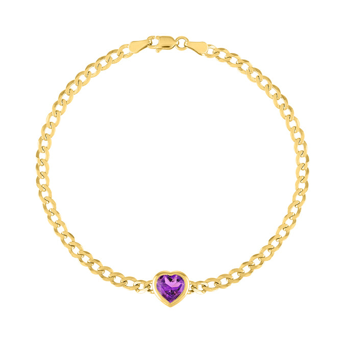 Yellow gold cuban link chain bracelet with a heart shaped bezeled amethyst in the center. 