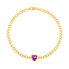 Yellow gold cuban link chain bracelet with a heart shaped bezeled amethyst in the center. 