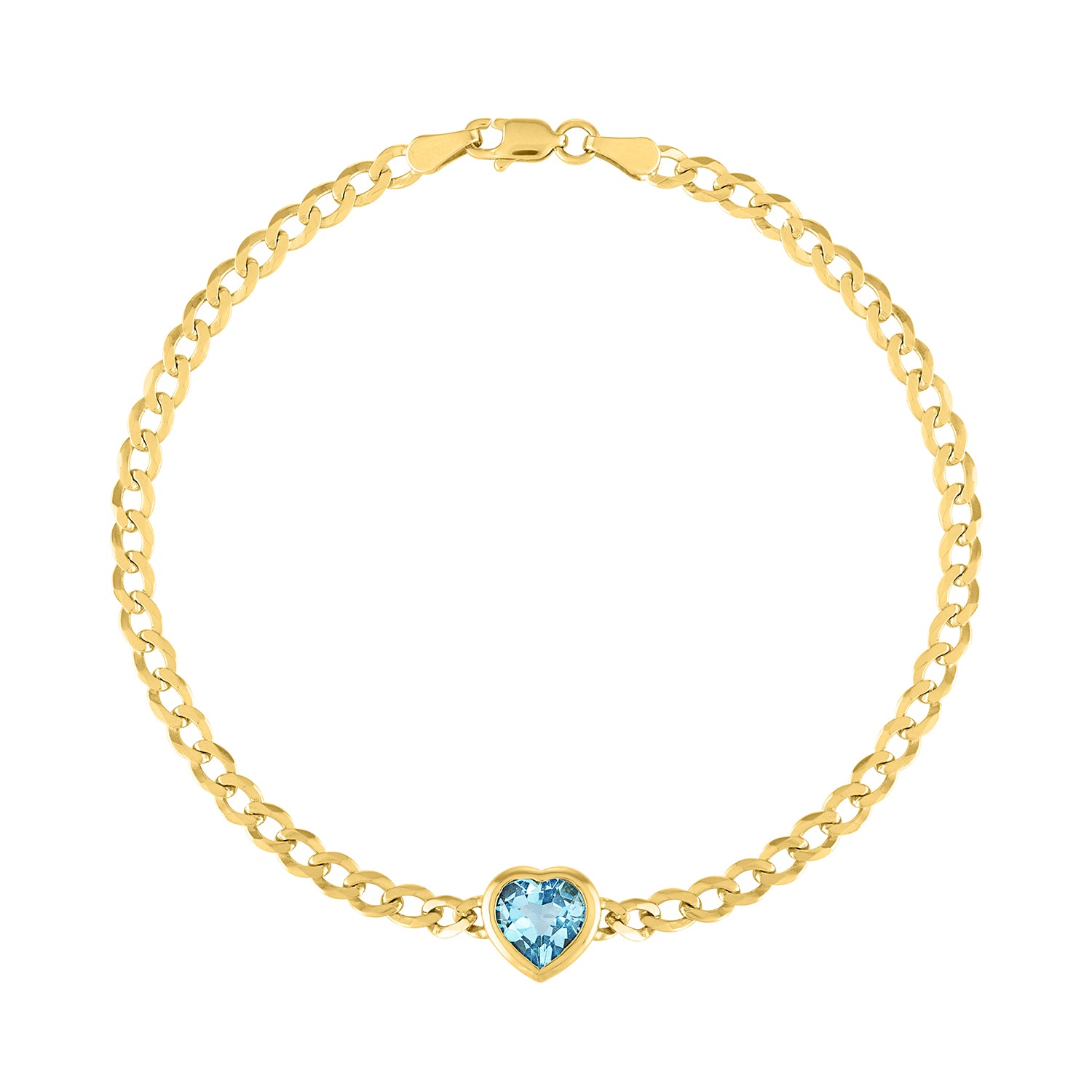 Yellow gold cuban link chain bracelet with a heart shaped bezeled blue topaz in the center. 
