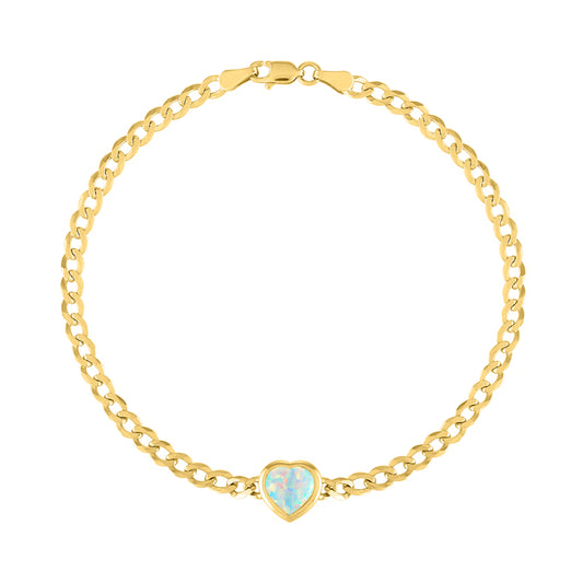 Yellow gold cuban link chain bracelet with a heart shaped bezeled opal in the center.