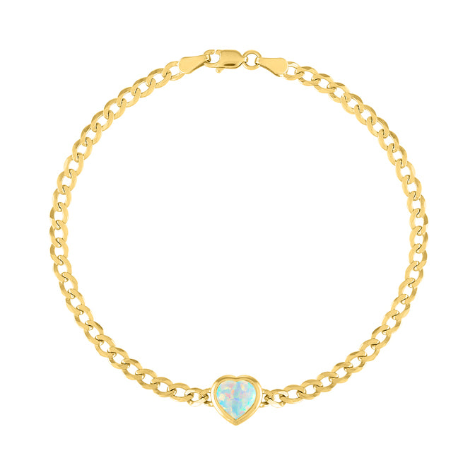 Yellow gold cuban link chain bracelet with a heart shaped bezeled opal in the center.