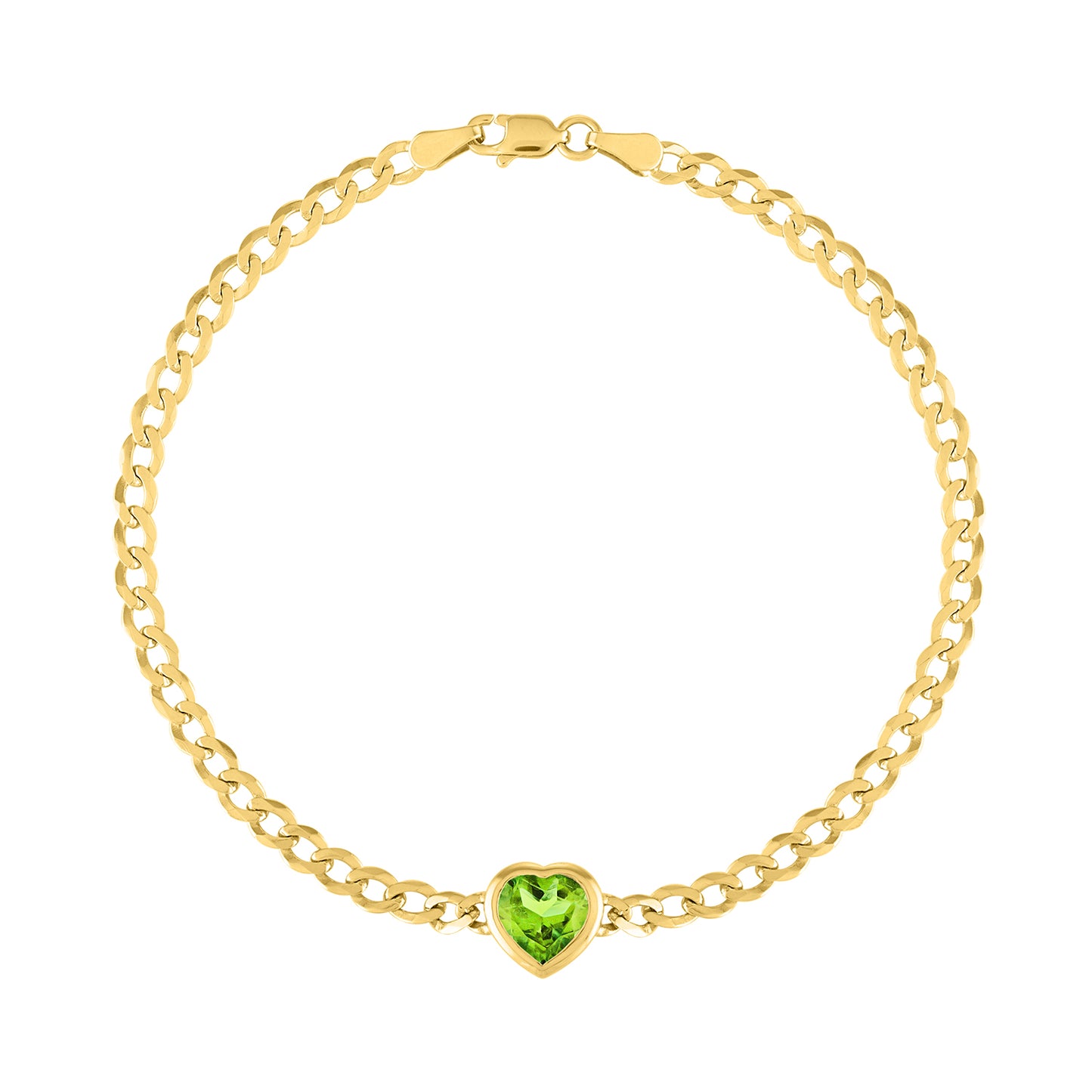 Yellow gold cuban link chain bracelet with a heart shaped bezeled peridot in the center. 