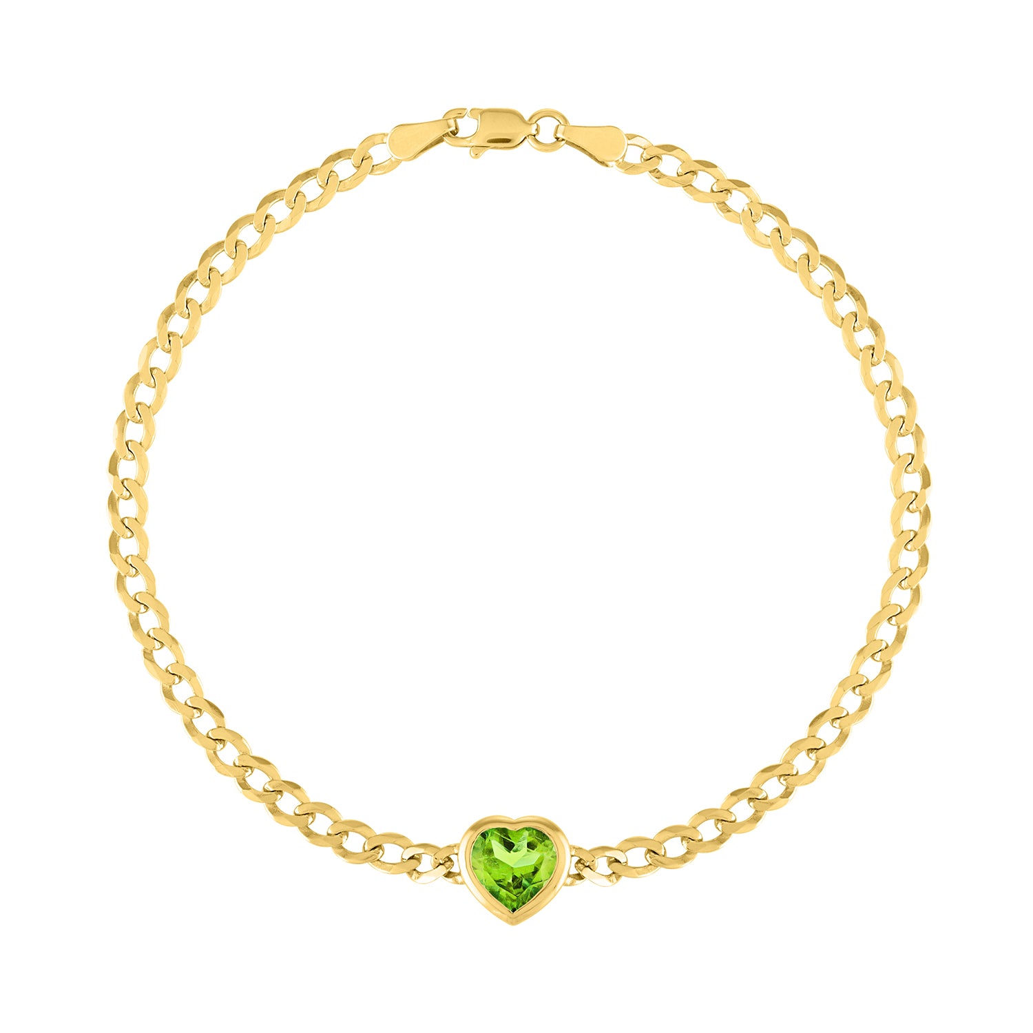 Yellow gold cuban link chain bracelet with a heart shaped bezeled peridot in the center. 