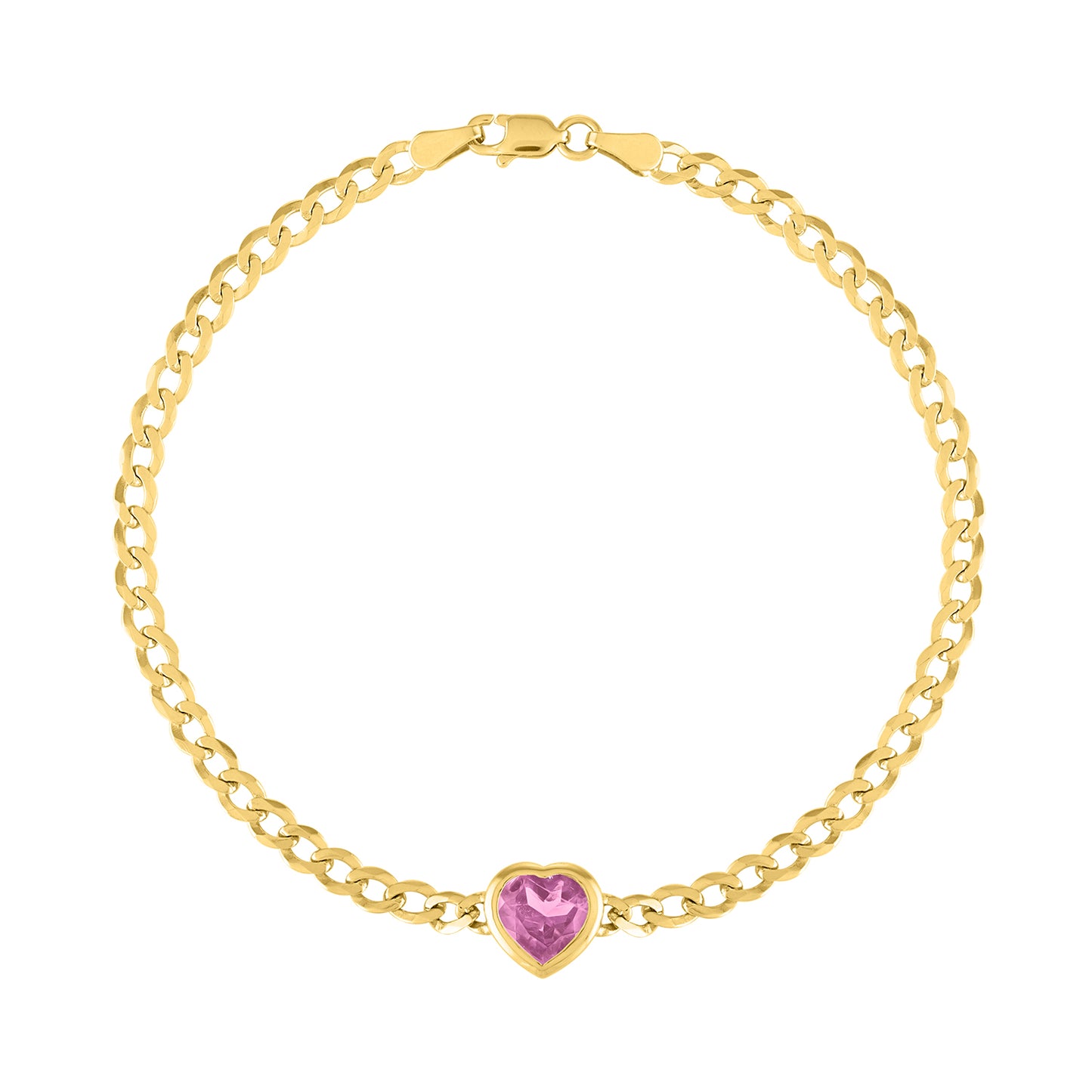 Yellow gold cuban link chain bracelet with a heart shaped bezeled pink tourmaline in the center.