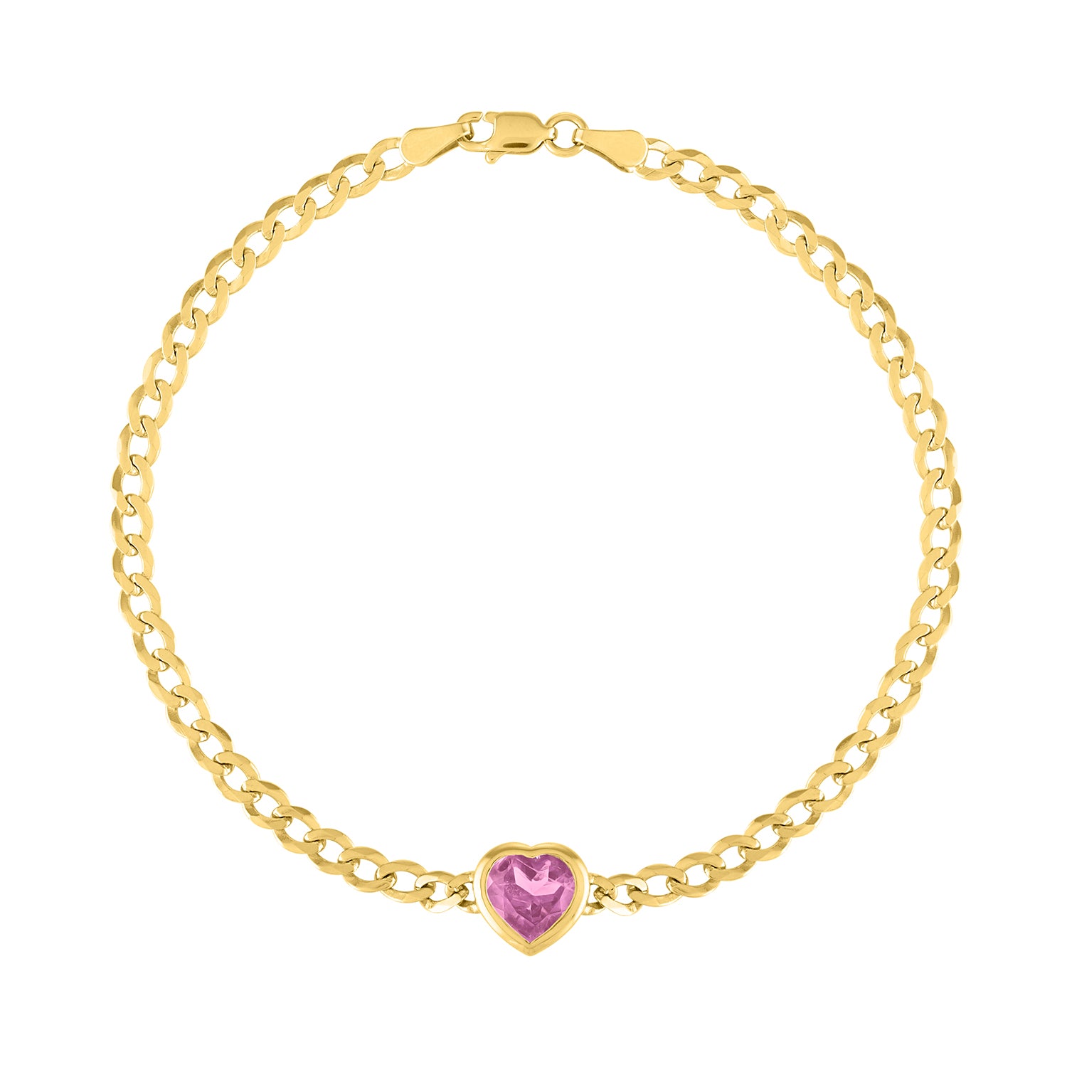 Yellow gold cuban link chain bracelet with a heart shaped bezeled pink tourmaline in the center.