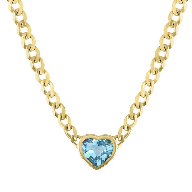 Yellow gold cuban link chain necklace with a heart shaped bezeled aquamarine in the center. 