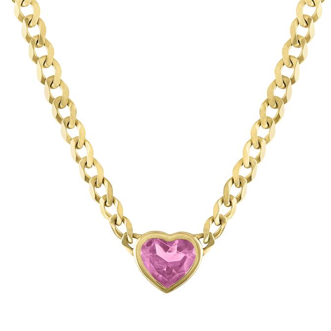 Yellow gold cuban link chain necklace with a heart shaped bezeled pink tourmaline in the center.