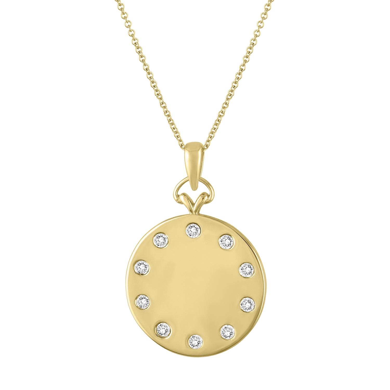 Yellow gold disc necklace with round diamonds around the border.