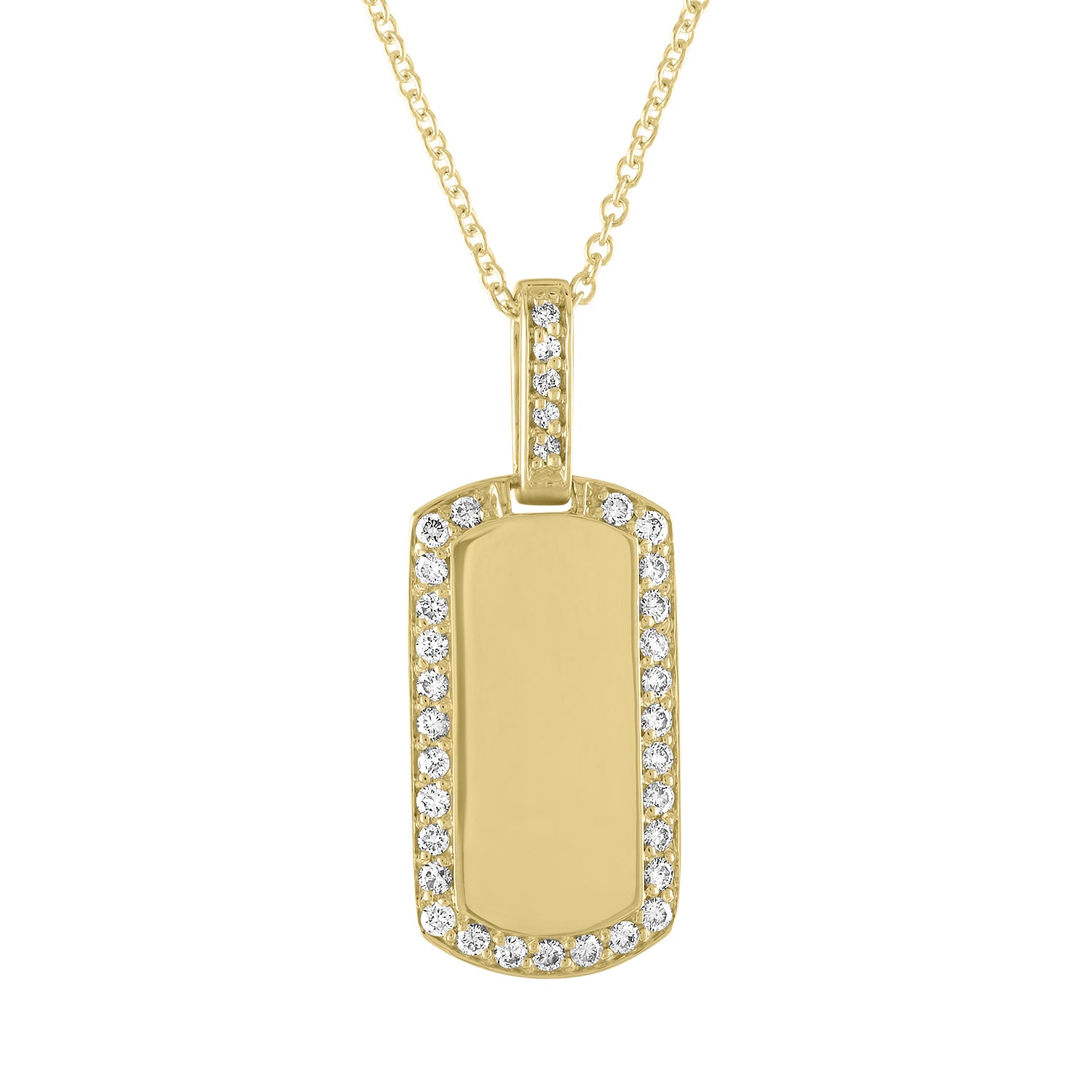 Yellow gold dog tag necklace with round diamonds around the border.