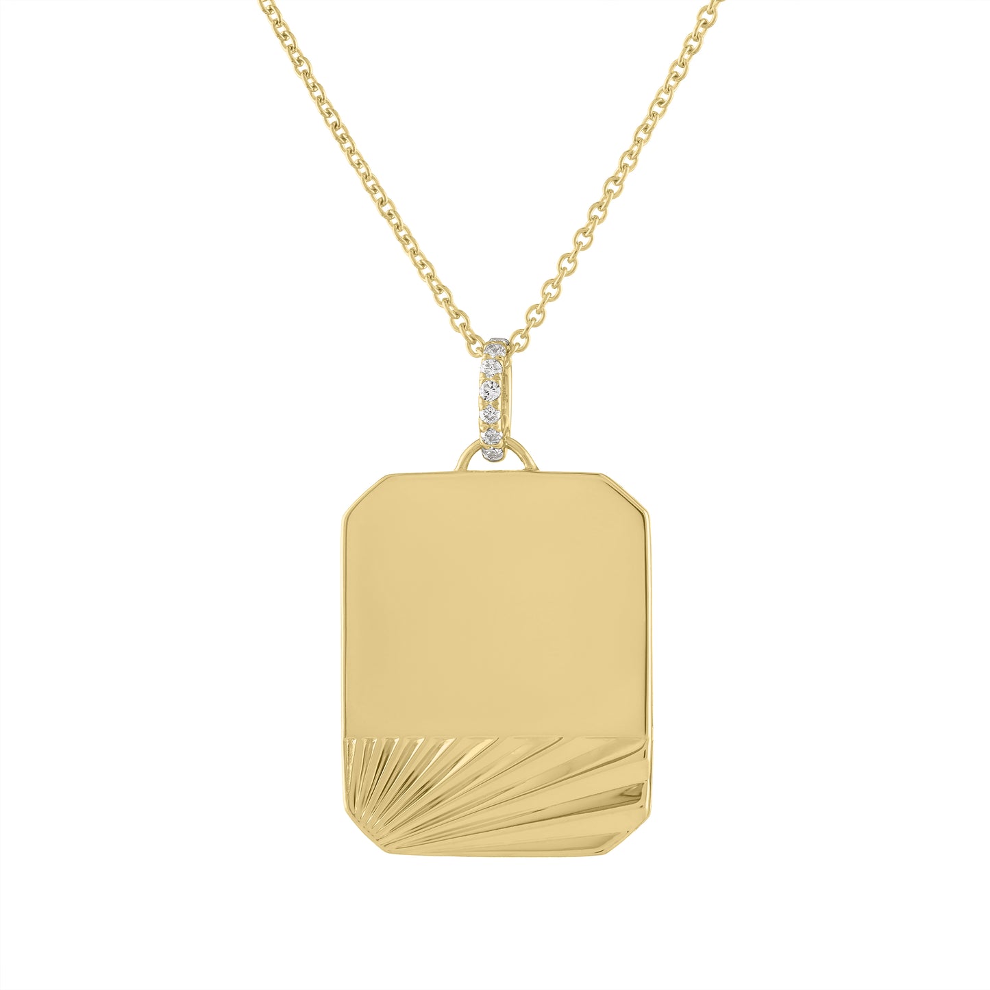 Yellow gold large engravable dogtag with fluting and a diamond bail. 
