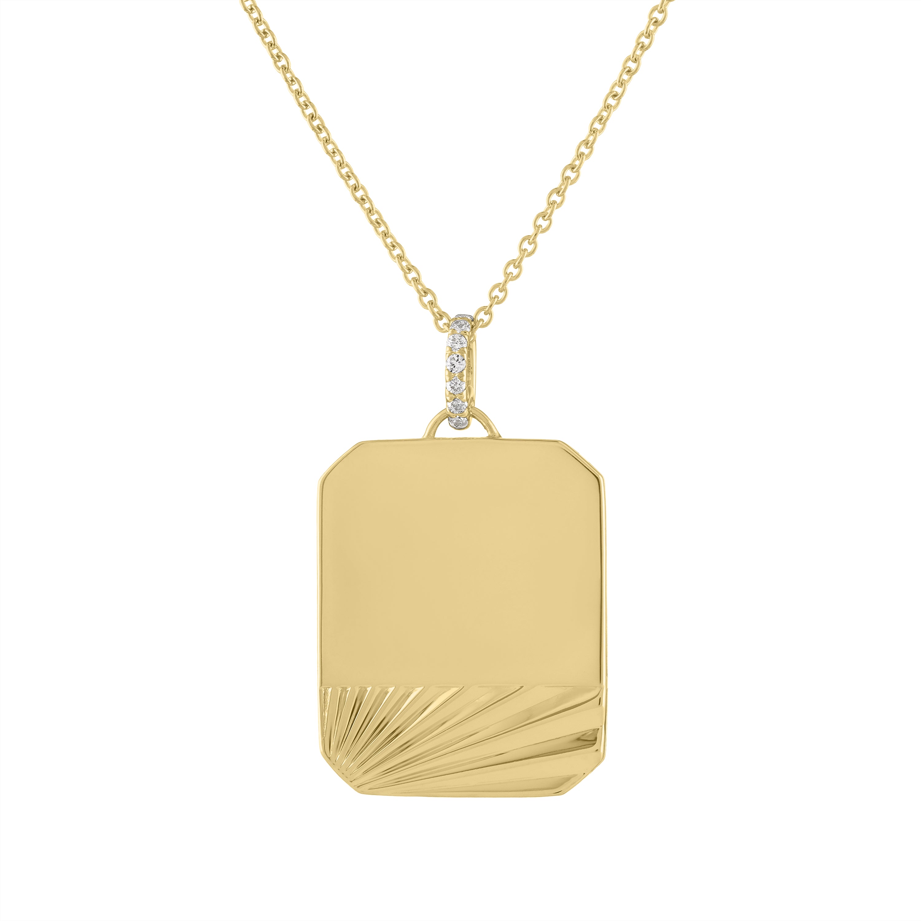 Yellow gold large engravable dogtag with fluting and a diamond bail. 