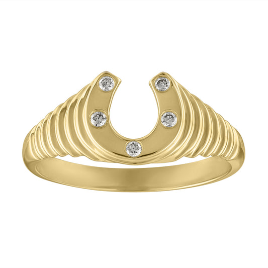 Yellow gold diamond horseshoe ring with fluted shank. 