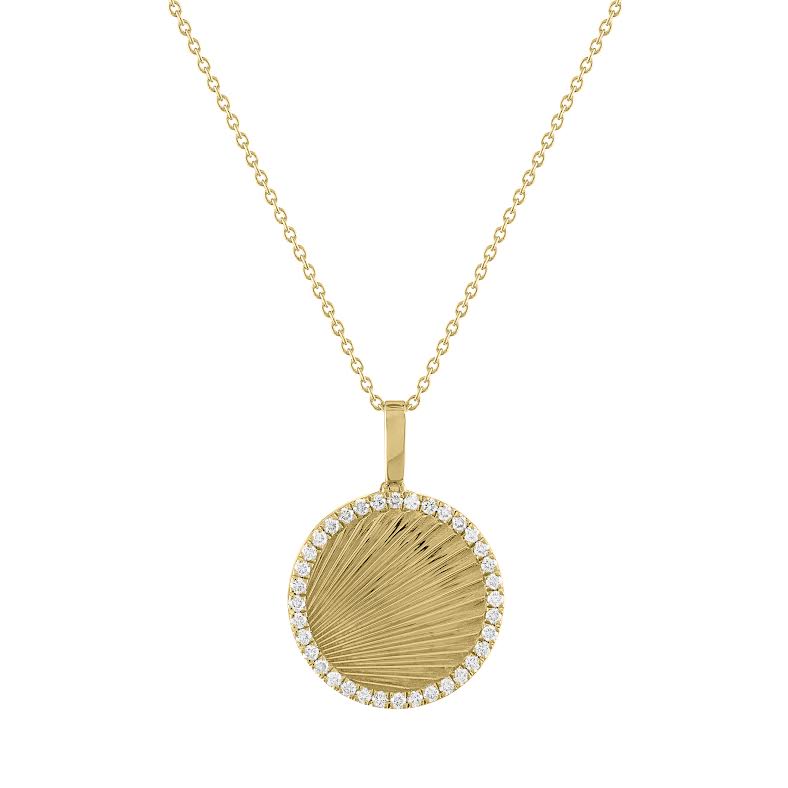 Yellow gold round disc necklace with fluting and round diamonds along the border.
