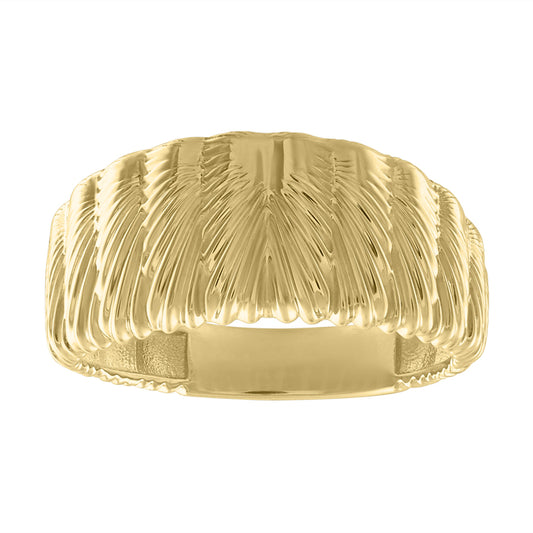 Yellow gold fluted feather tapered band.