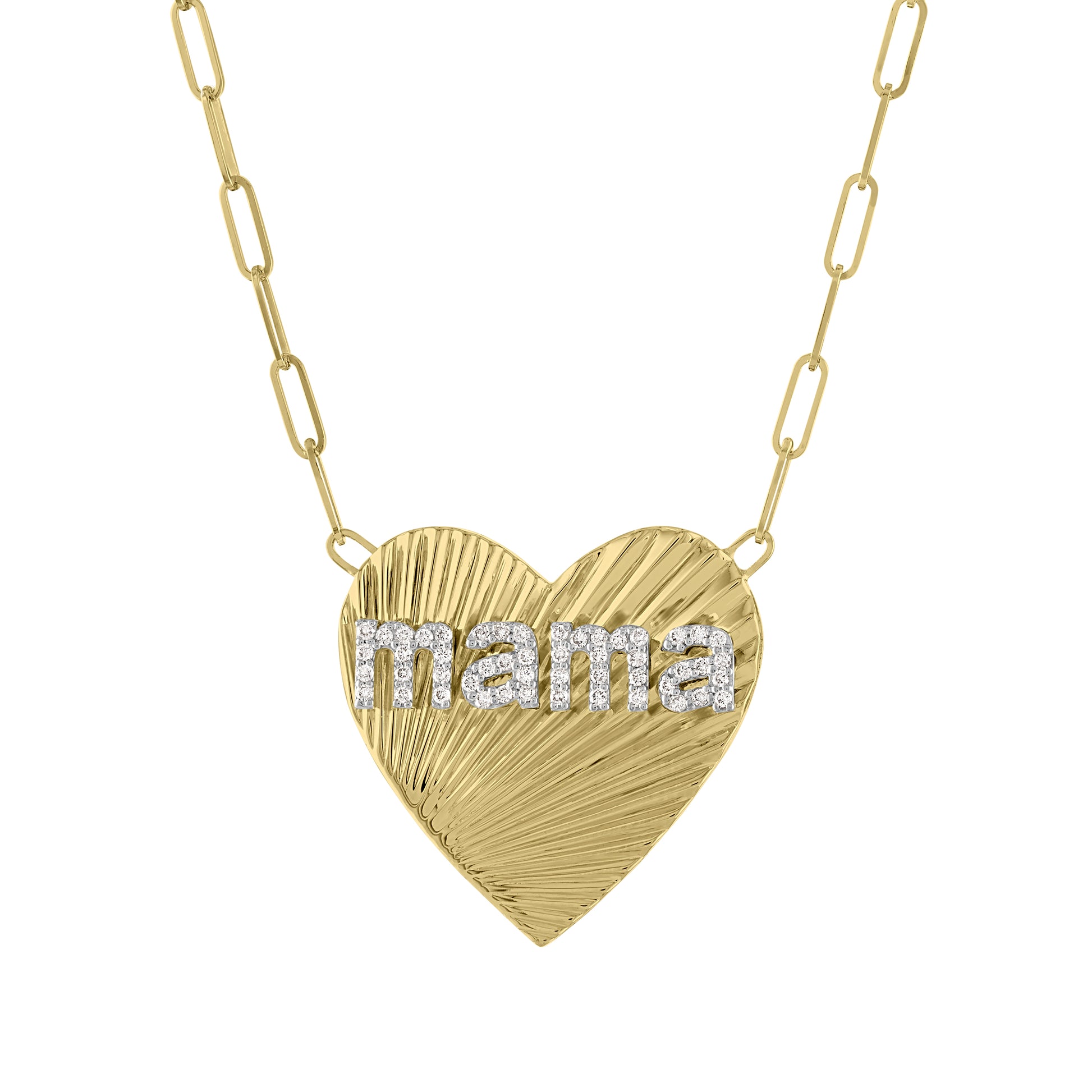 Yellow gold heart necklace with fluting and diamond mama in the center. 