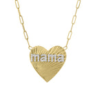 Yellow gold heart necklace with fluting and diamond mama in the center. 