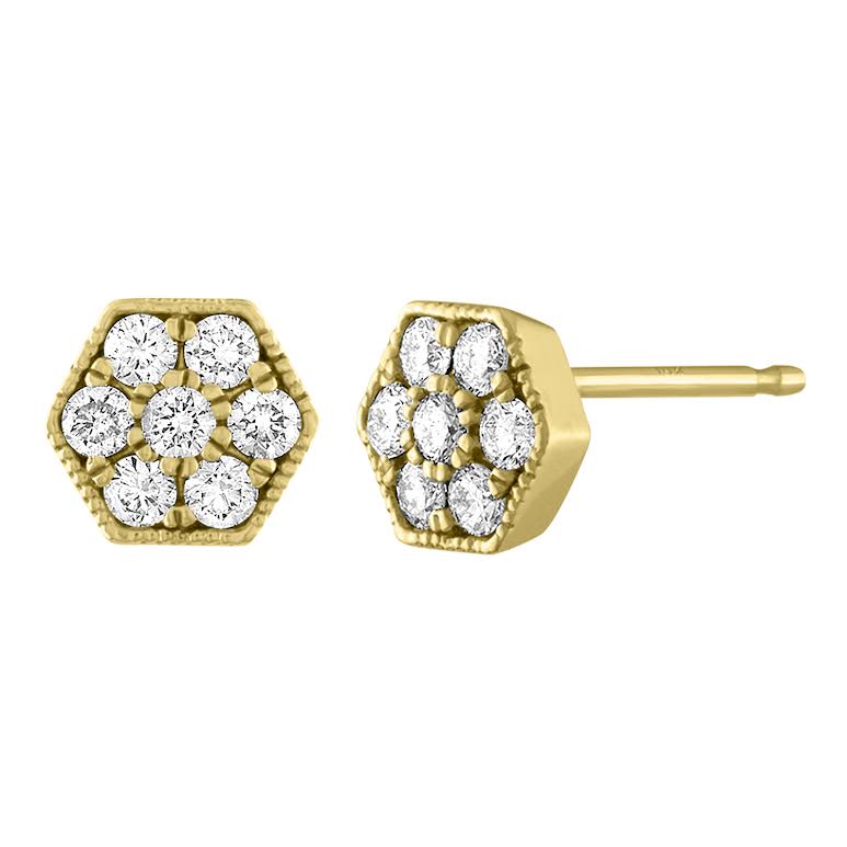 Yellow gold pair of hexagon earrings with round diamonds.