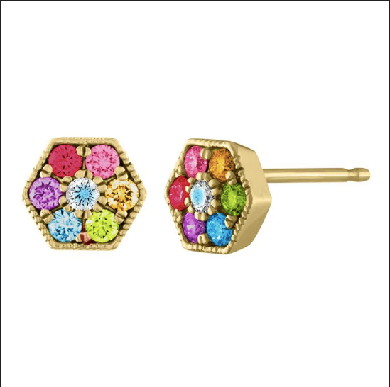 Yellow gold pair of hexagon earrings with round multicolor stones.