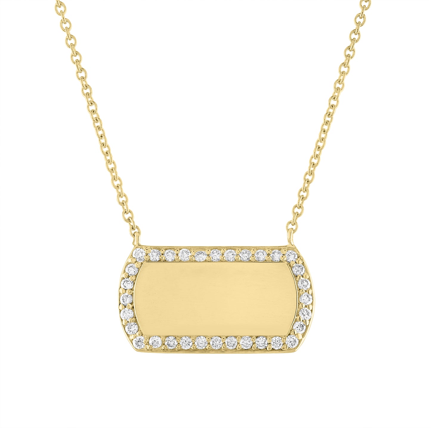 Yellow gold horizontal dogtag necklace with round diamonds along the border. 