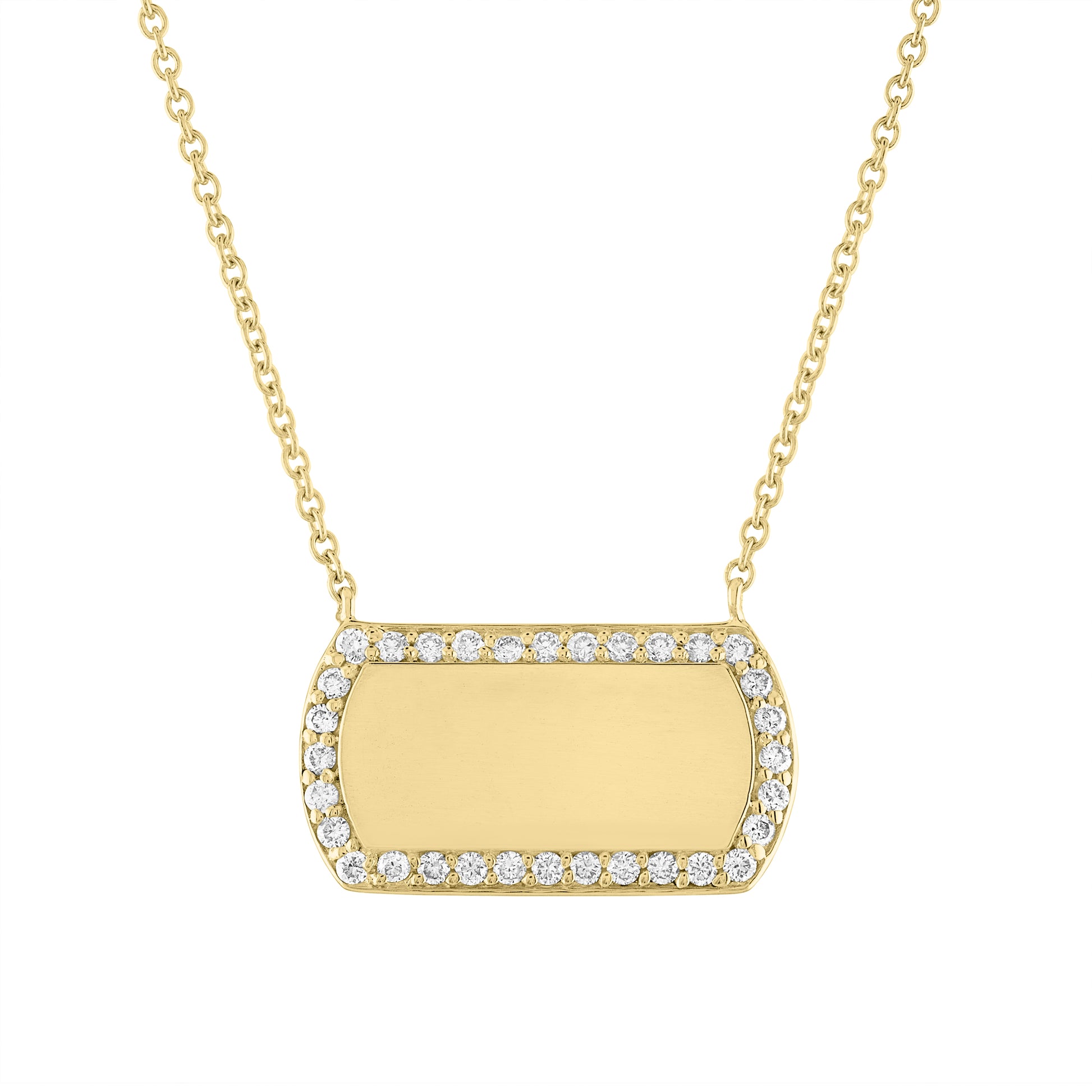 Yellow gold horizontal dogtag necklace with round diamonds along the border. 