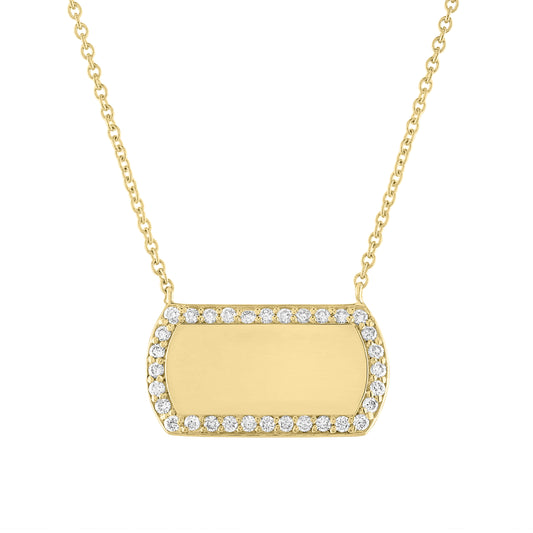 Yellow gold horizontal dogtag necklace with round diamonds along the border. 