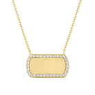 Yellow gold horizontal dogtag necklace with round diamonds along the border. 