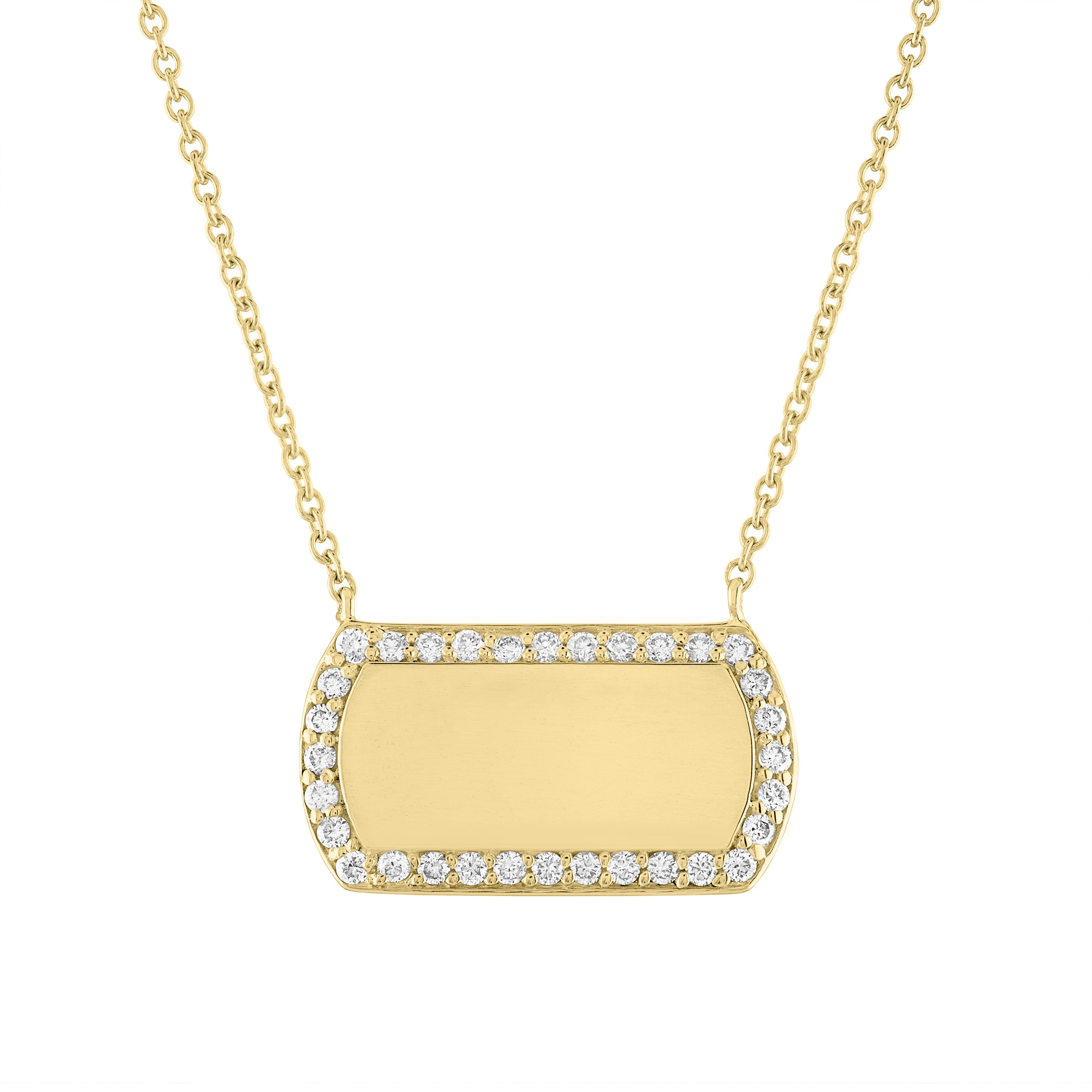 Yellow gold horizontal dogtag necklace with round diamonds along the border. 