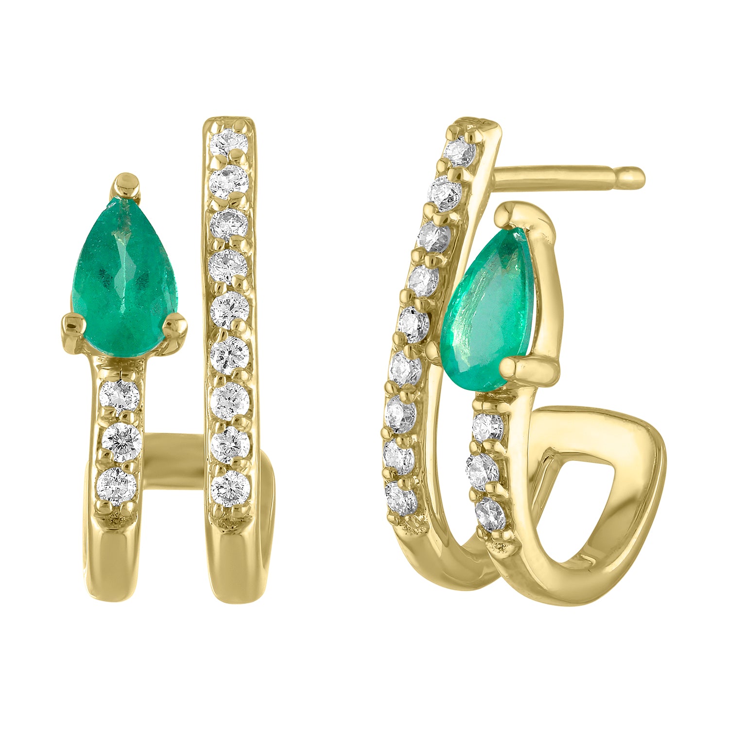 Yellow gold pair of huggies with a pear shaped emerald and round diamonds. 