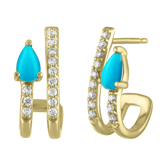 Yellow gold pair of huggies with a pear shaped turquoise and round diamonds.