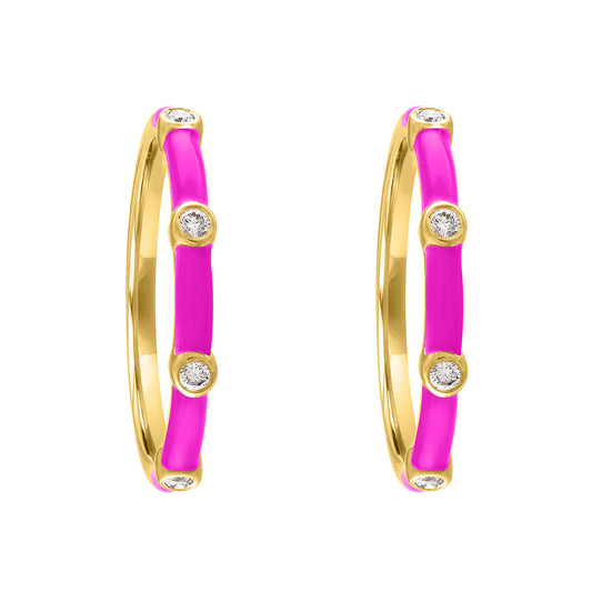 Yellow gold pair of huggies with neon pink enamel and four round diamonds.