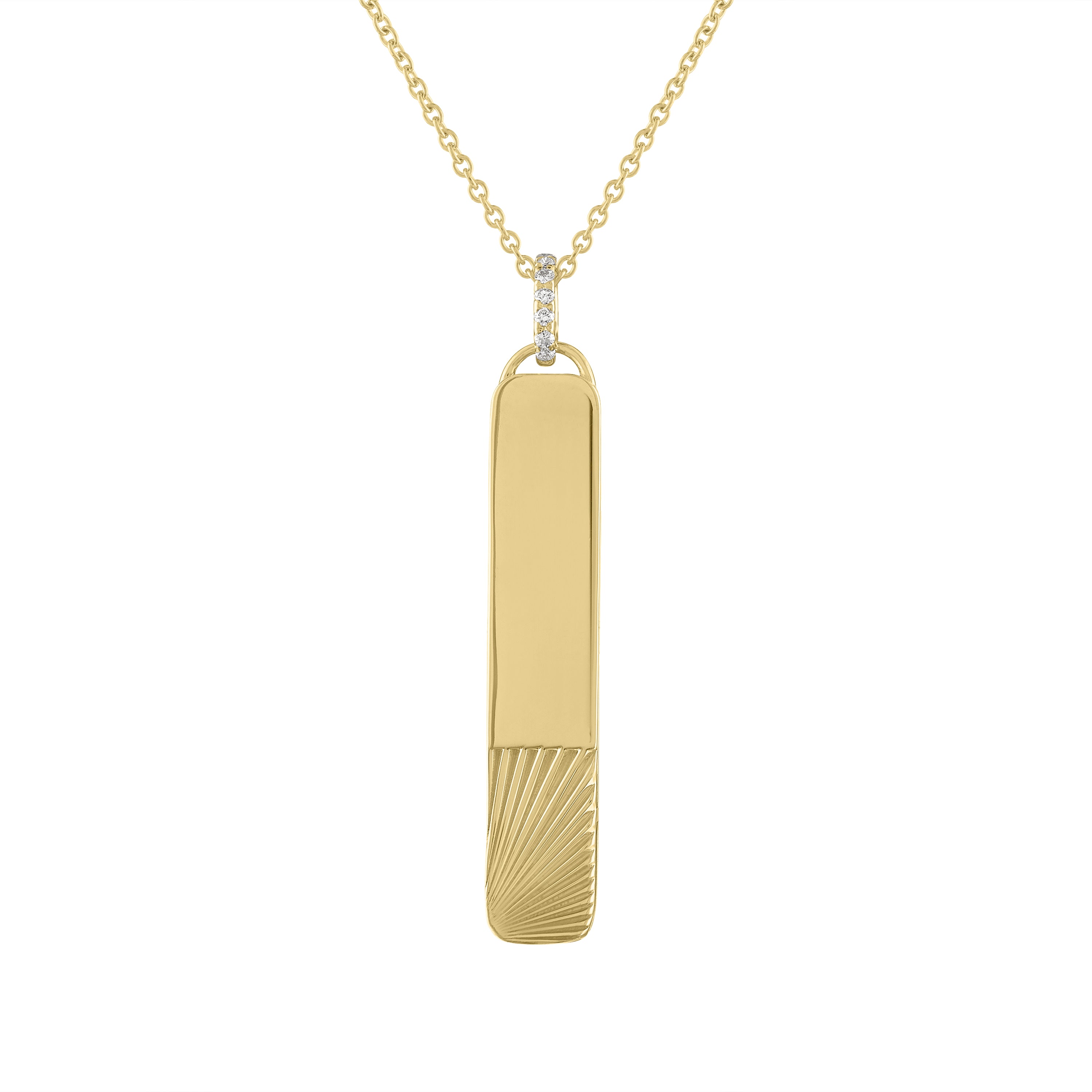 Yellow gold large skinny engravable dogtag with fluting and a diamond bail. 