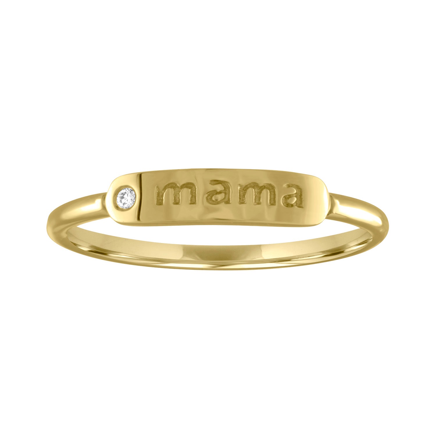 Yellow gold skinny band with mama in the center and round diamond.