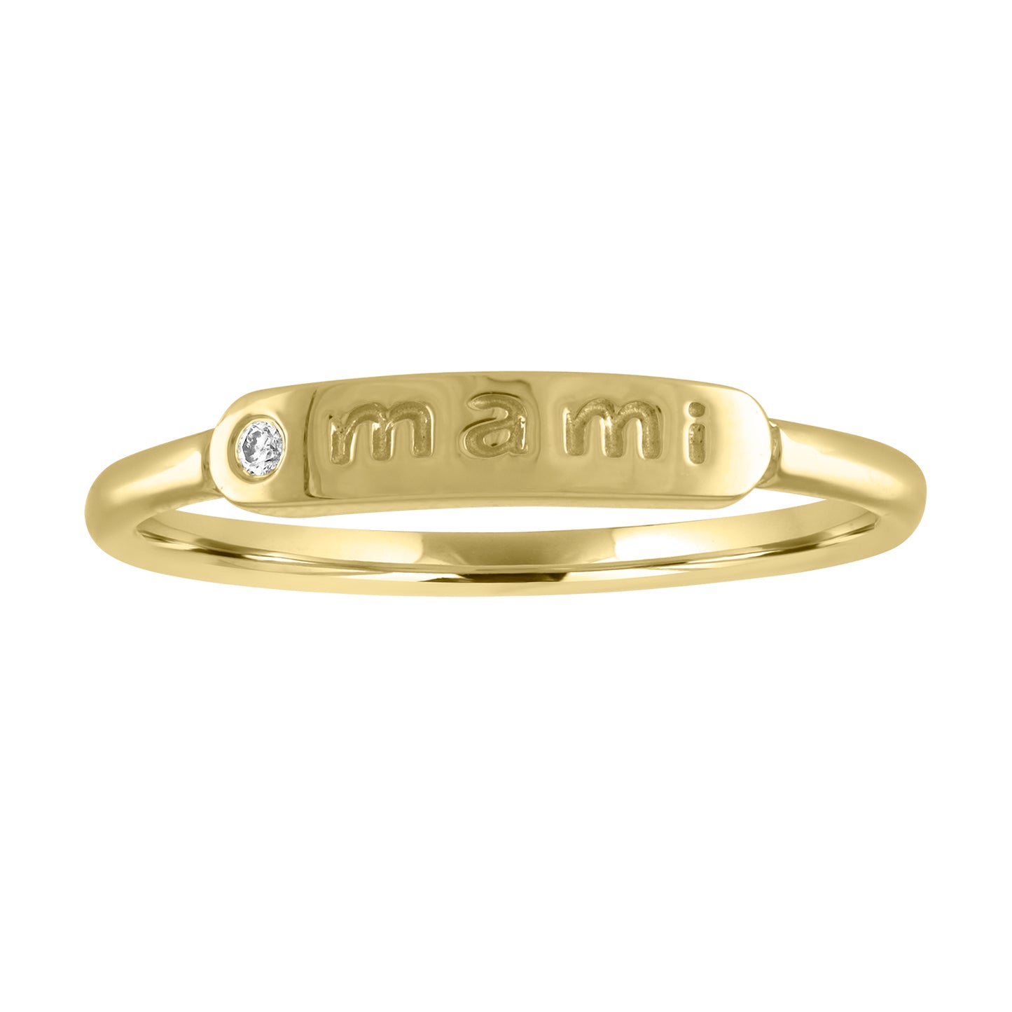 Yellow gold skinny band with mami in the center and round diamond.