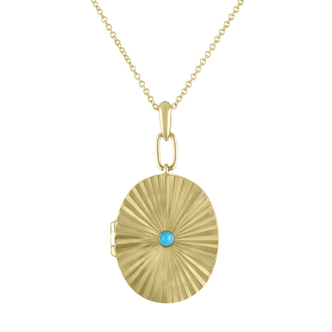 Yellow gold pleated oval locket with a small round turquoise in the center.