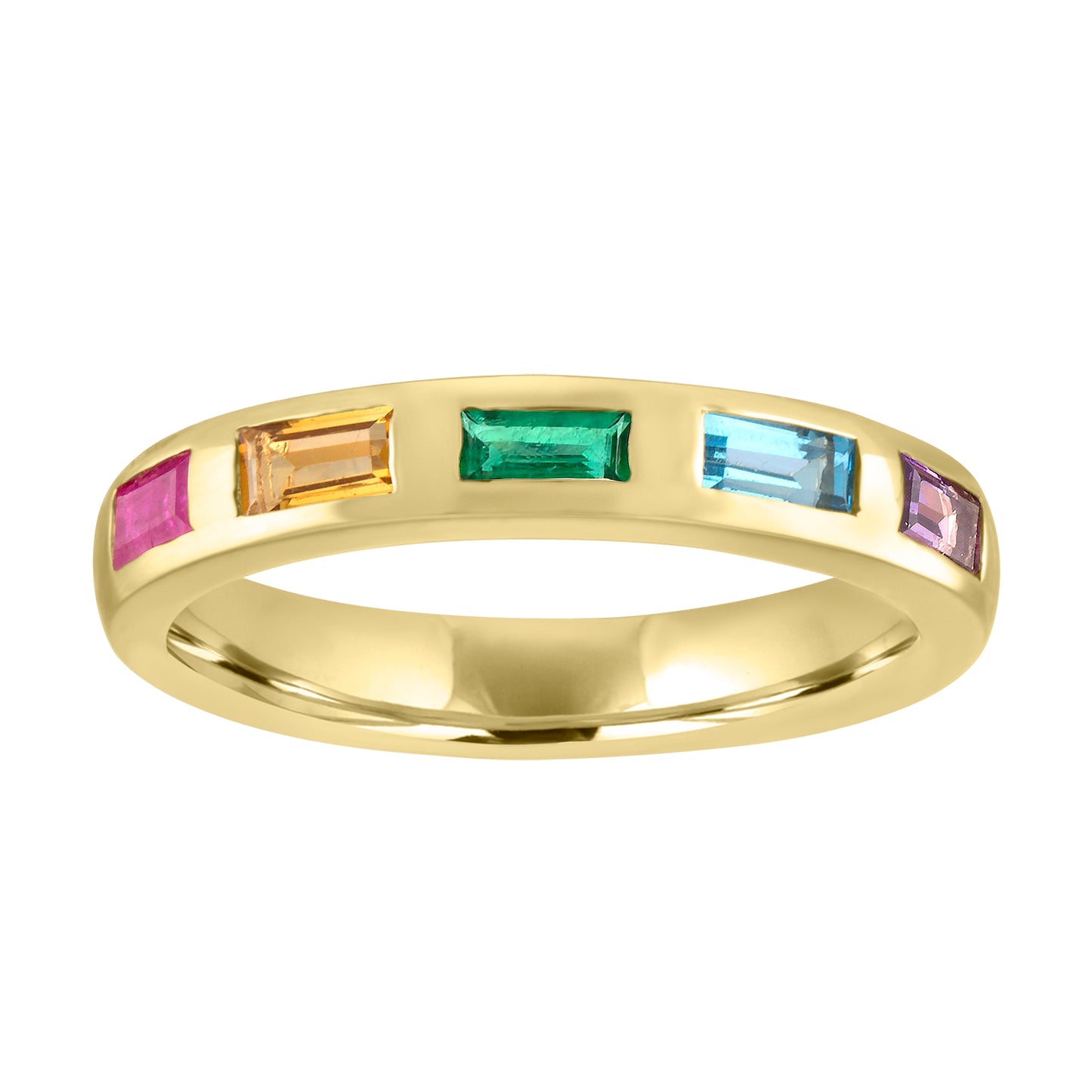Yellow gold wide band with five multicolor baguettes.
