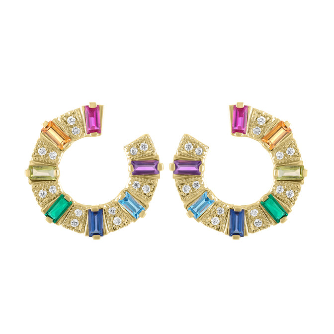 Yellow gold pair of earrings with multicolor baguettes and round diamonds.