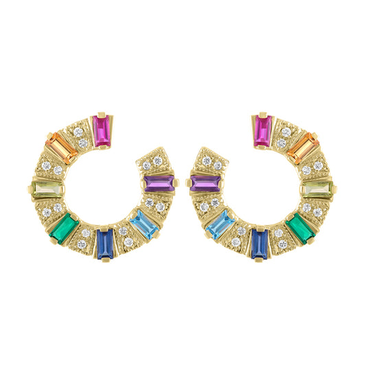 Yellow gold pair of earrings with multicolor baguettes and round diamonds.