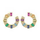 Yellow gold pair of earrings with multicolor baguettes and round diamonds.