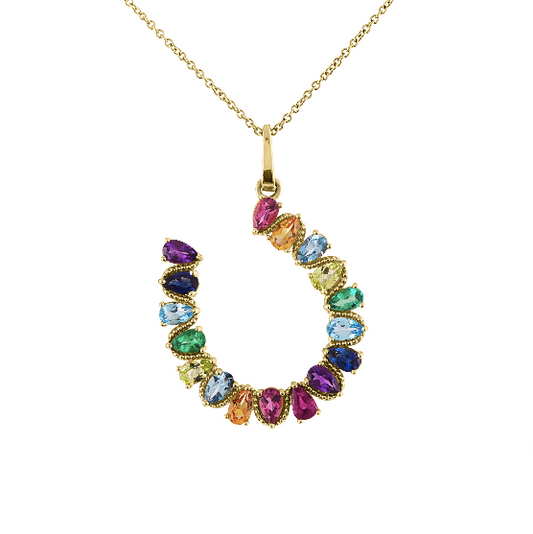 Yellow gold horseshoe necklace with pear shaped multicolor stones. 