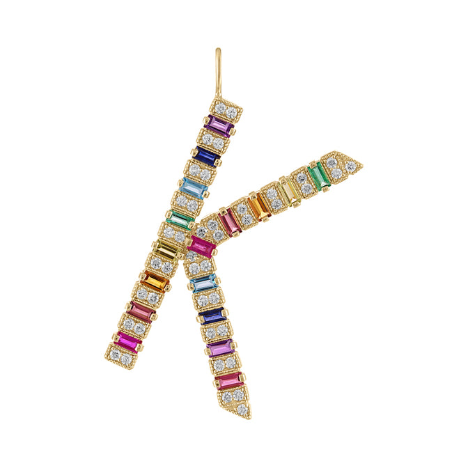 Yellow gold jumbo initial necklace with multicolor baguettes and round diamonds. 