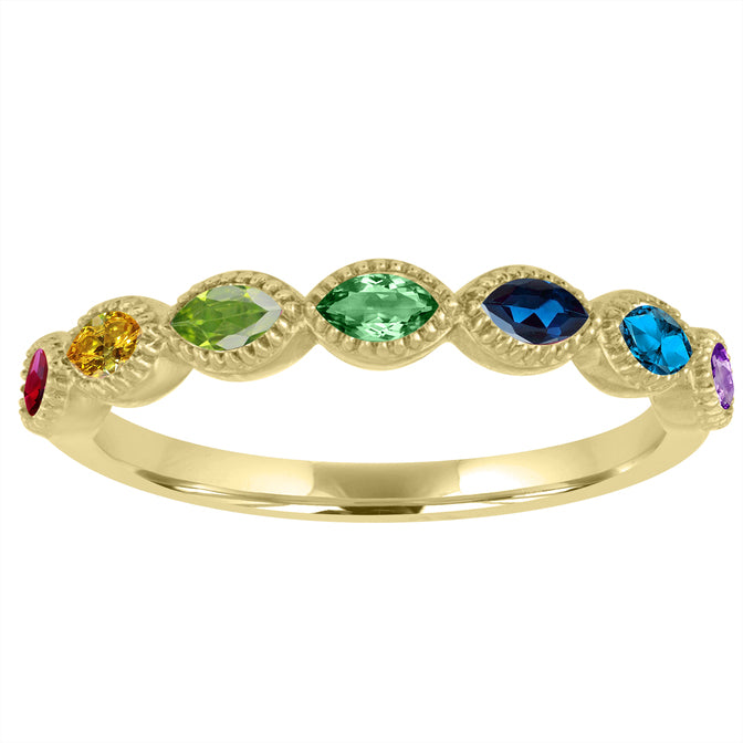 Yellow gold skinny band with marquise cut multicolor stones. 