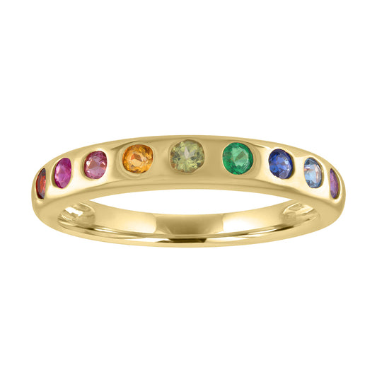 Yellow gold skinny band with round multicolor stones.