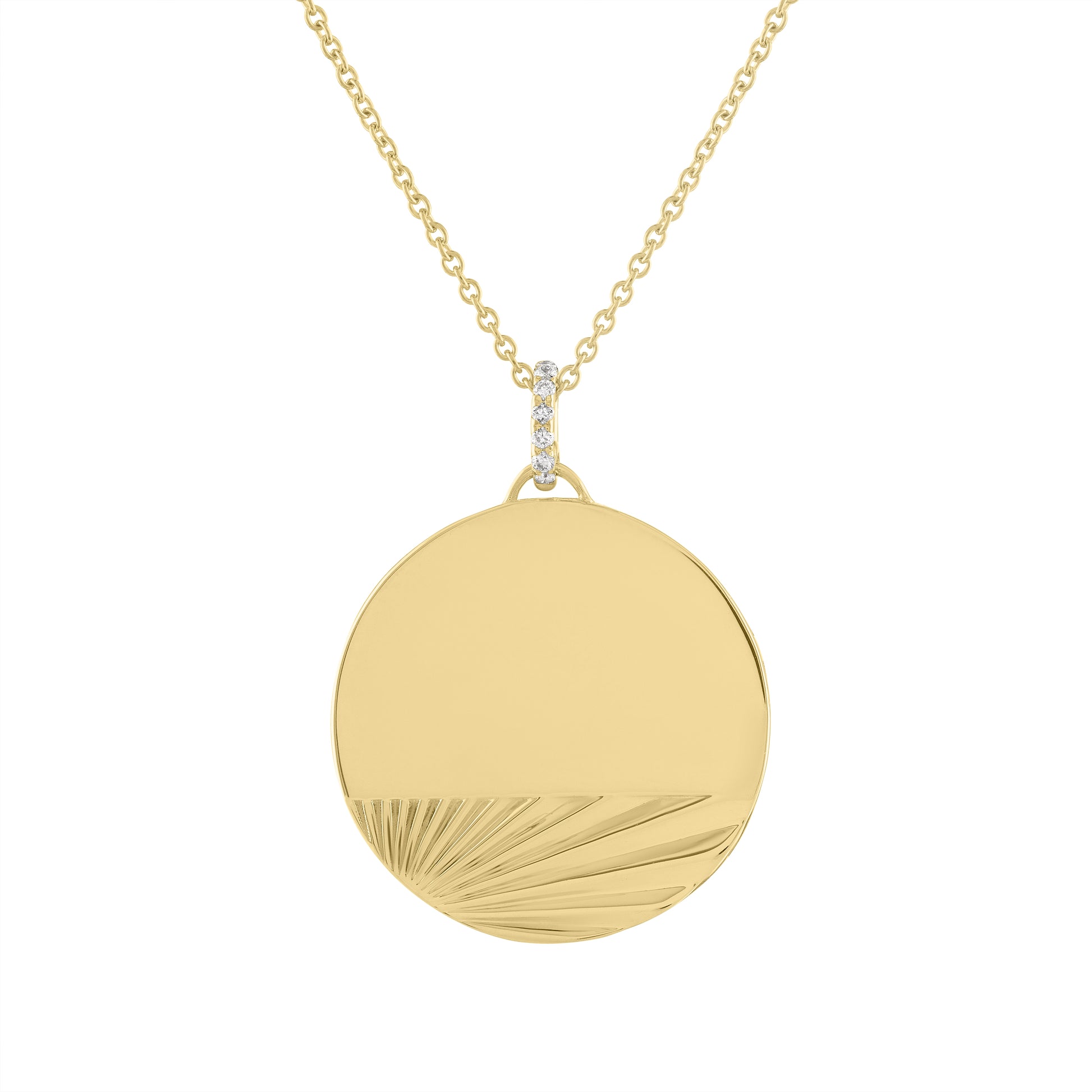 Yellow gold engravable disc necklace with fluting and a diamond bail. 
