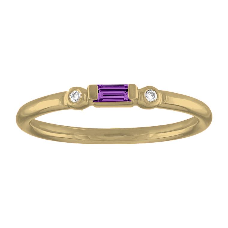 Yellow gold skinny band with an amethyst baguette in the center and two round diamonds on the side. 