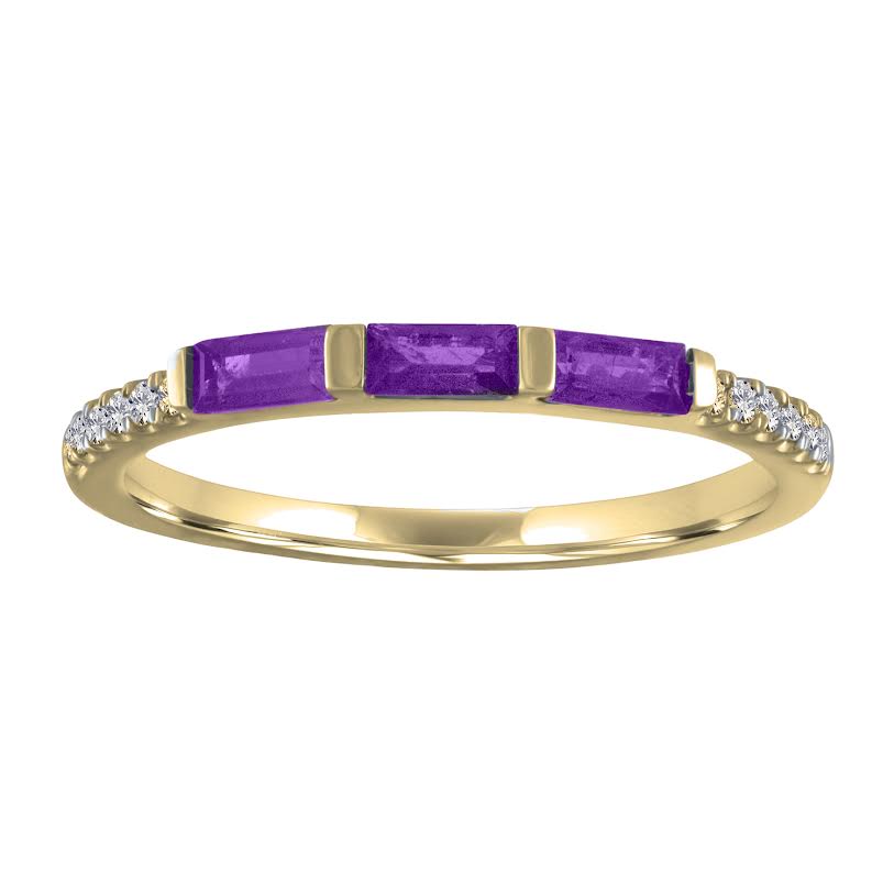 Yellow gold skinny band with three amethyst baguettes and round diamonds on the shank. 